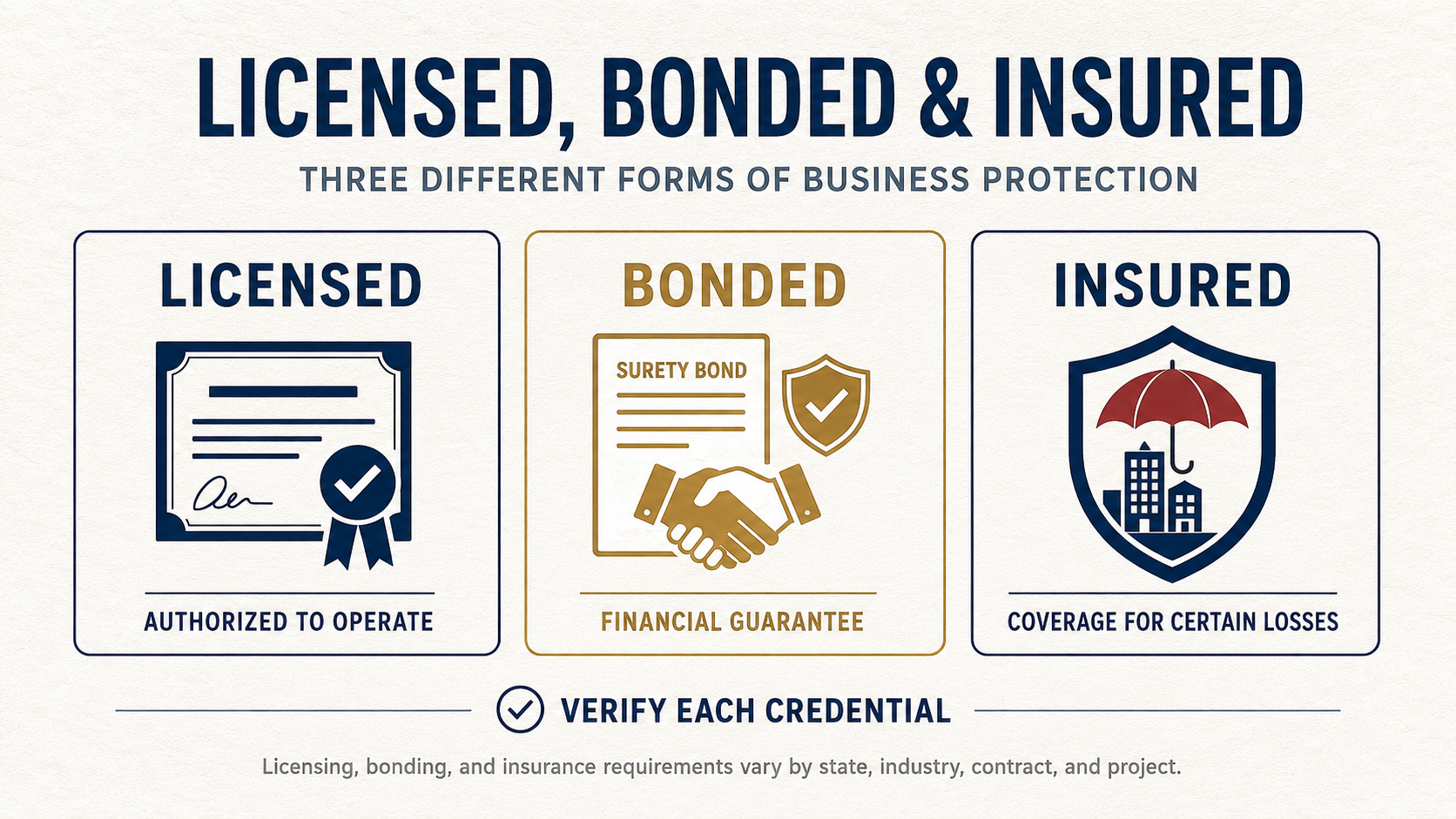 Contractor reviewing license, surety bond and business insurance protection