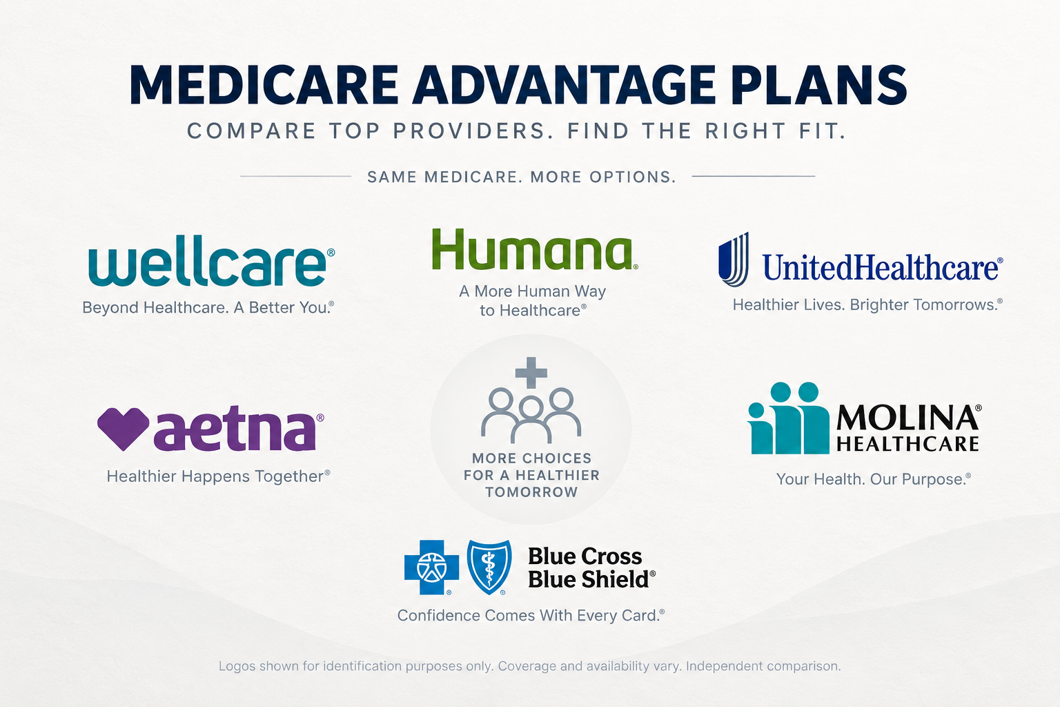 Medicare Advantage plan comparison graphic displaying Wellcare, Humana, UnitedHealthcare, Aetna, Molina Healthcare, and Blue Cross Blue Shield trademarks