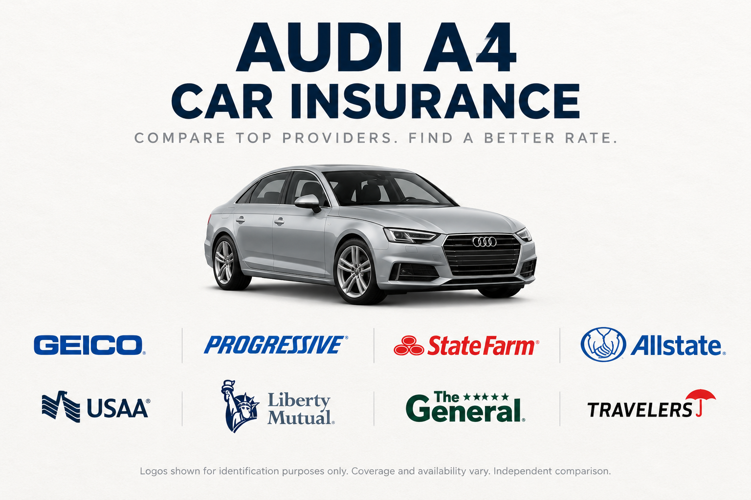 Silver Audi A4 sedan above insurance company logos under the heading Audi A4 Car Insurance