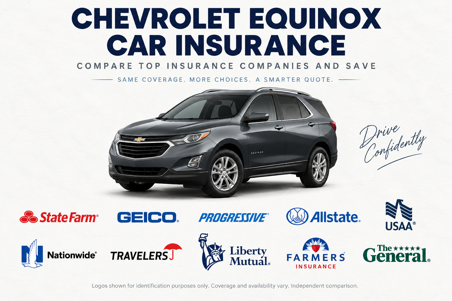 Dark gray Chevrolet Equinox compact SUV with insurance company logos and the message compare top insurance companies and save