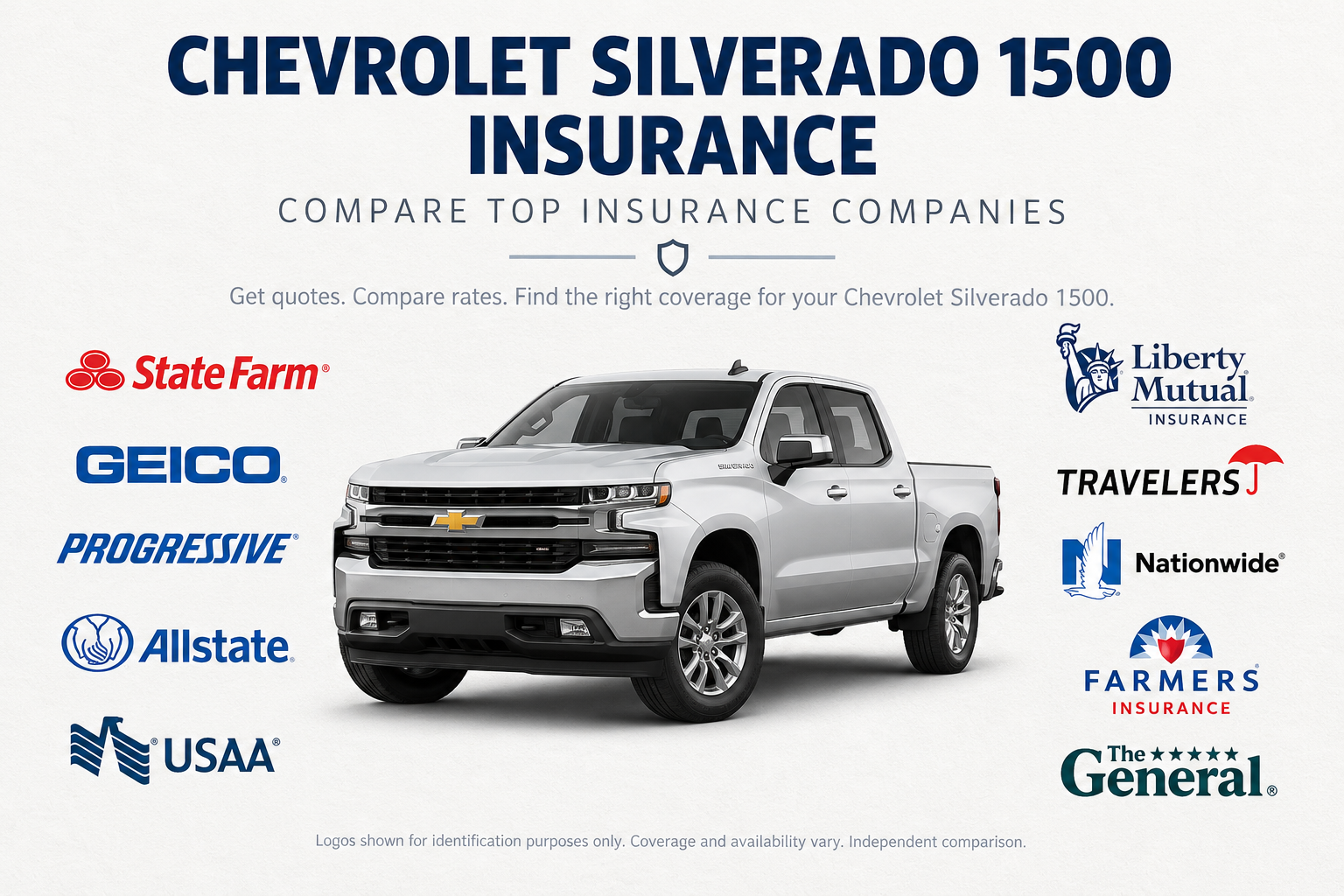 Silver Chevrolet Silverado 1500 pickup truck with insurance company logos under the heading Chevrolet Silverado 1500 Insurance