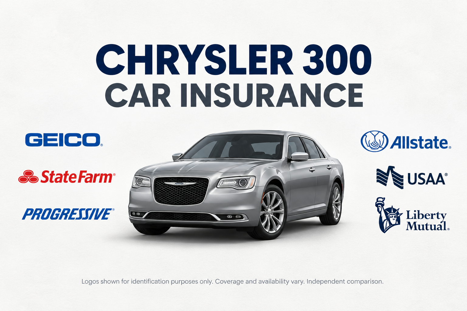 Silver Chrysler 300 full-size sedan with insurance company logos under the heading Chrysler 300 Car Insurance