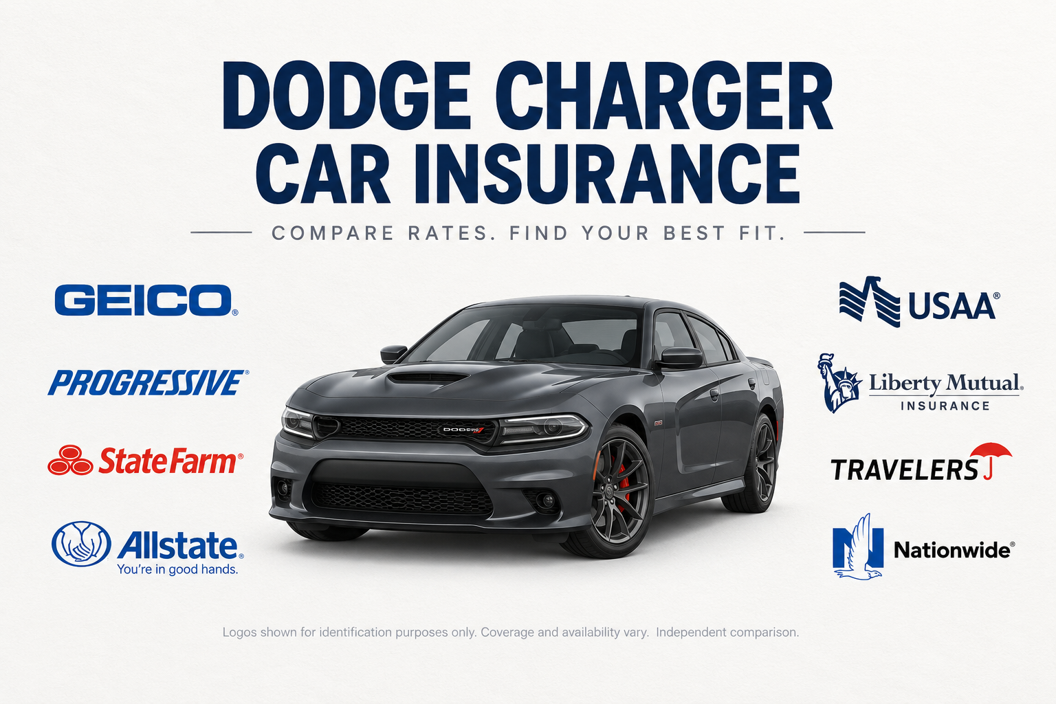 Dark gray Dodge Charger sedan beside insurance company logos under the heading Dodge Charger Car Insurance