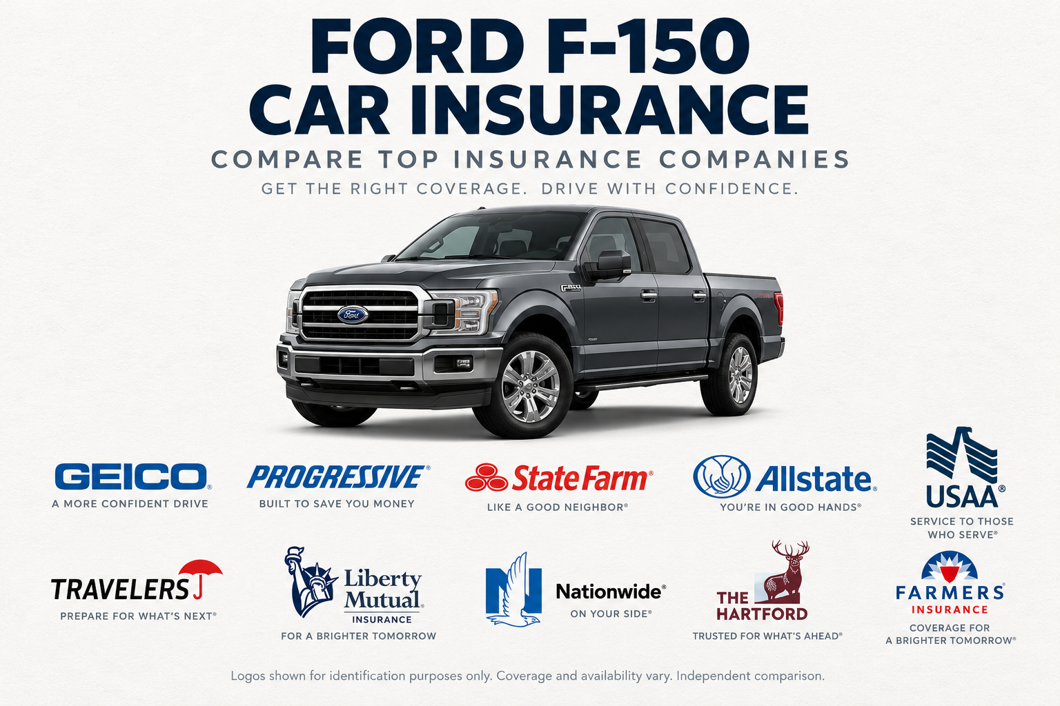 Dark gray Ford F-150 pickup truck above two rows of insurance company logos under the heading Ford F-150 Car Insurance