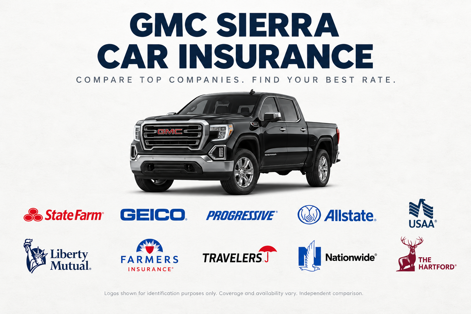 Black GMC Sierra pickup truck above insurance company logos under the heading GMC Sierra Car Insurance