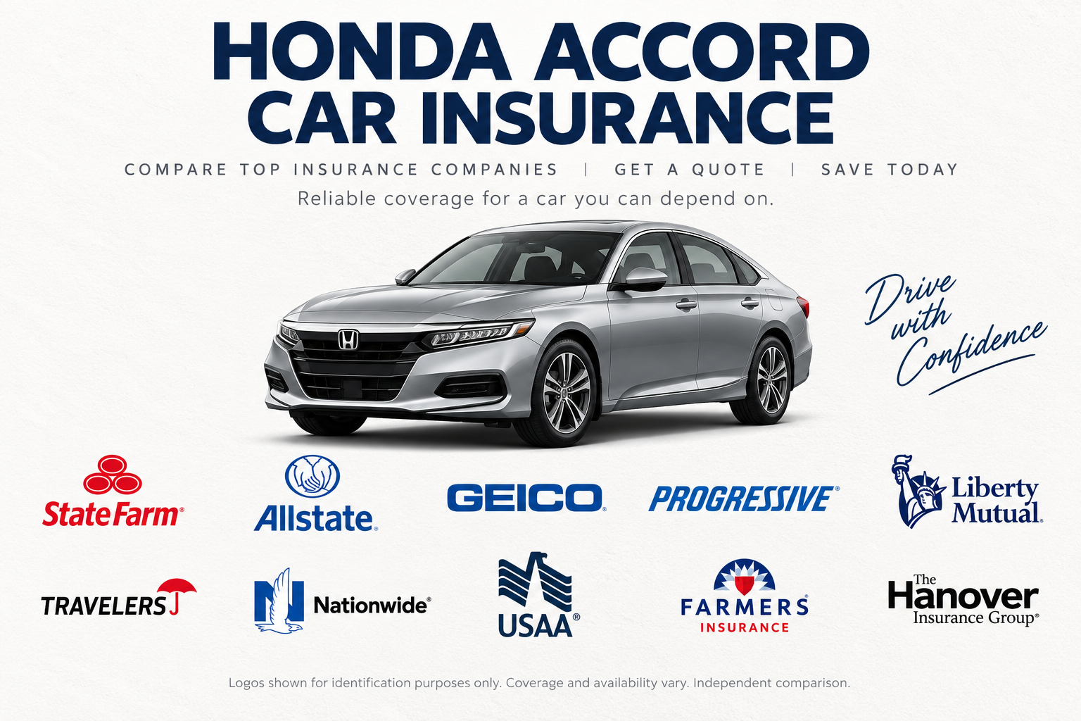 Silver Honda Accord sedan with insurance company logos and the message compare top insurance companies, get a quote, save today