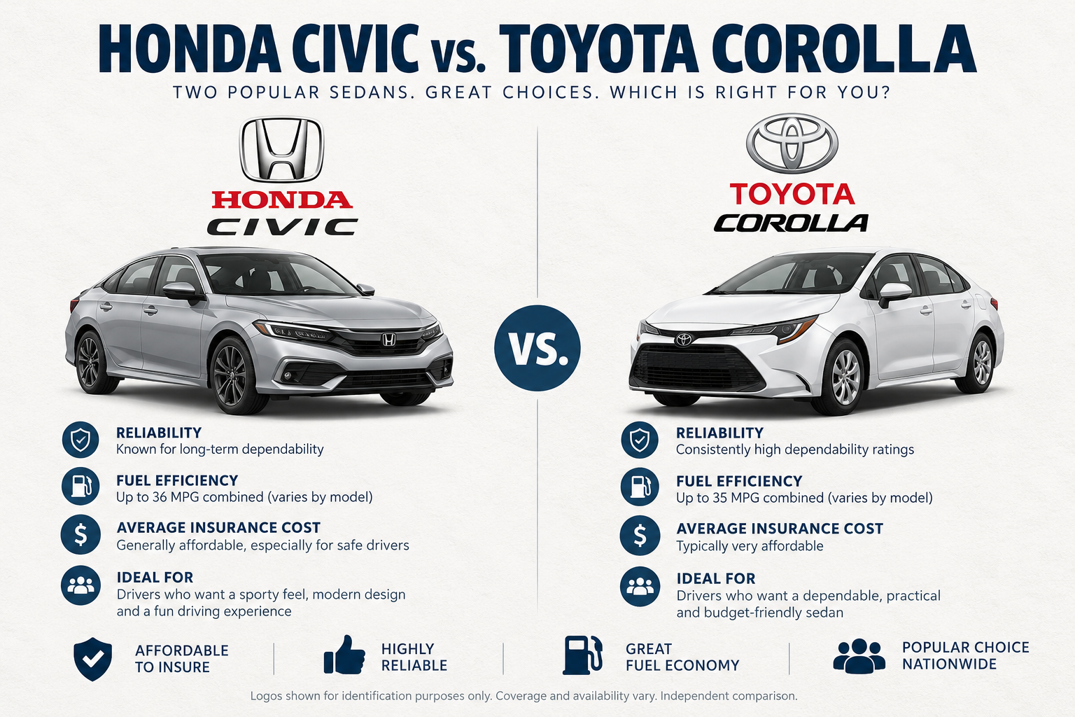 Silver Honda Civic and white Toyota Corolla side by side comparing reliability, fuel efficiency, average insurance cost, and who each car is ideal for