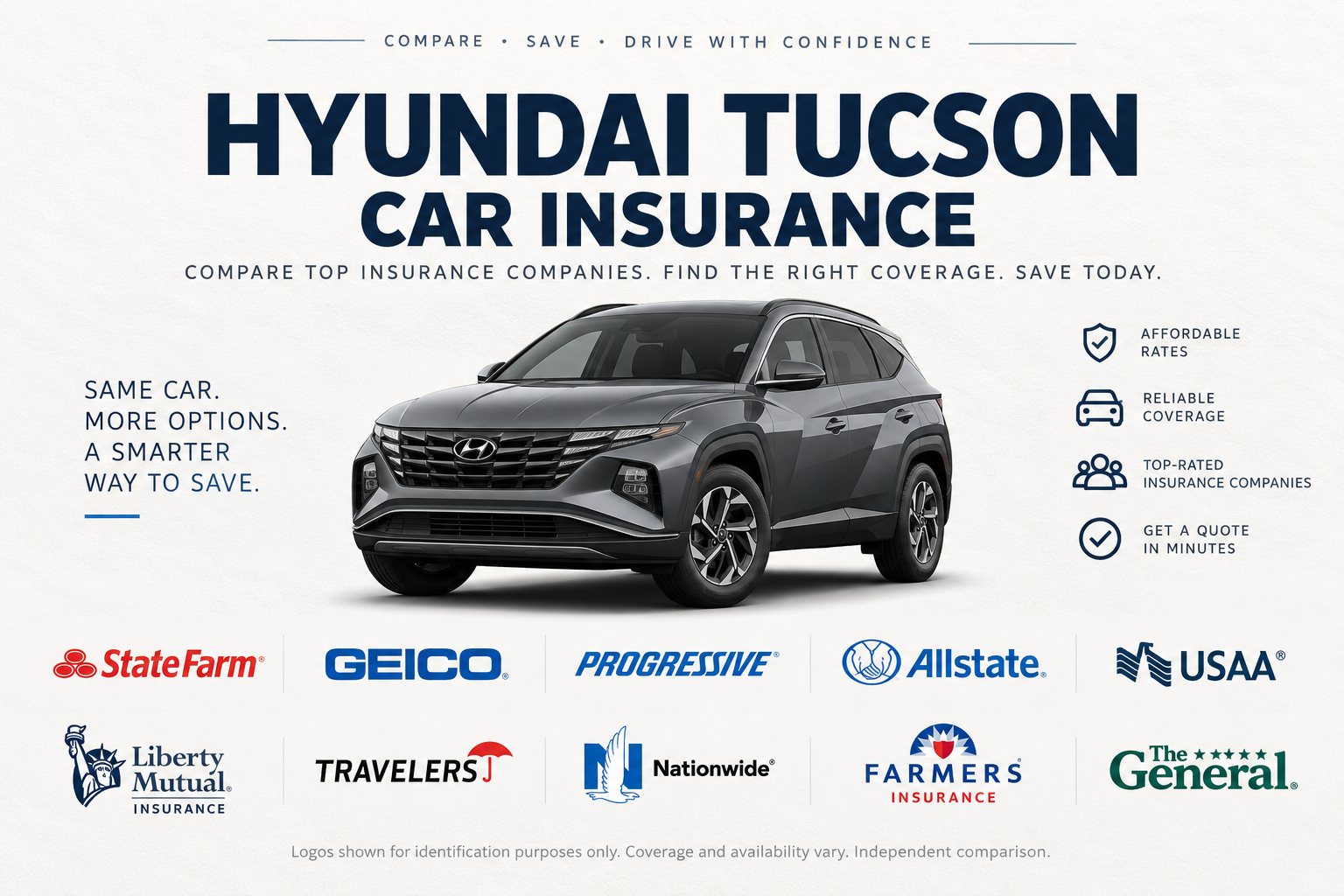 Gray Hyundai Tucson compact SUV with insurance company logos and icons for affordable rates, reliable coverage, top-rated insurance companies, and quick quotes