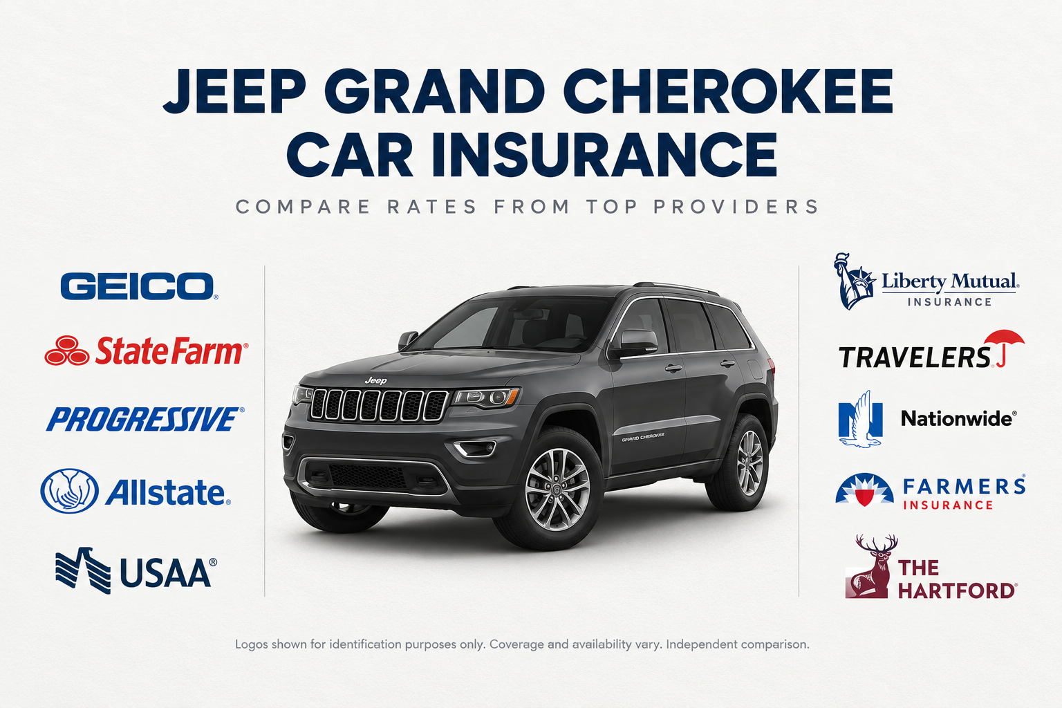 Gray Jeep Grand Cherokee SUV between columns of insurance company logos under the heading Jeep Grand Cherokee Car Insurance