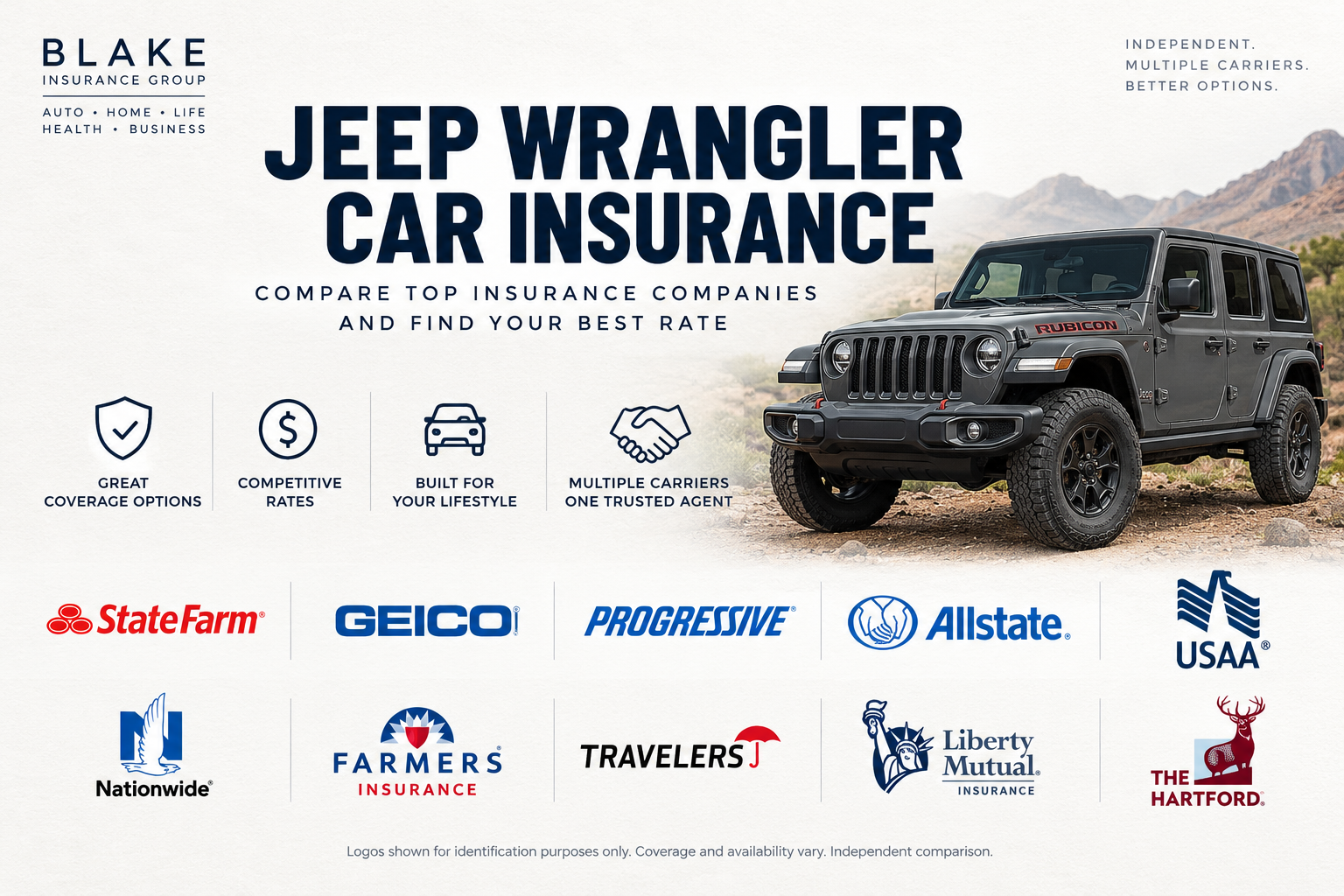 Gray four-door Jeep Wrangler on a mountain trail with insurance company logos and icons for coverage options, competitive rates, and multiple carriers