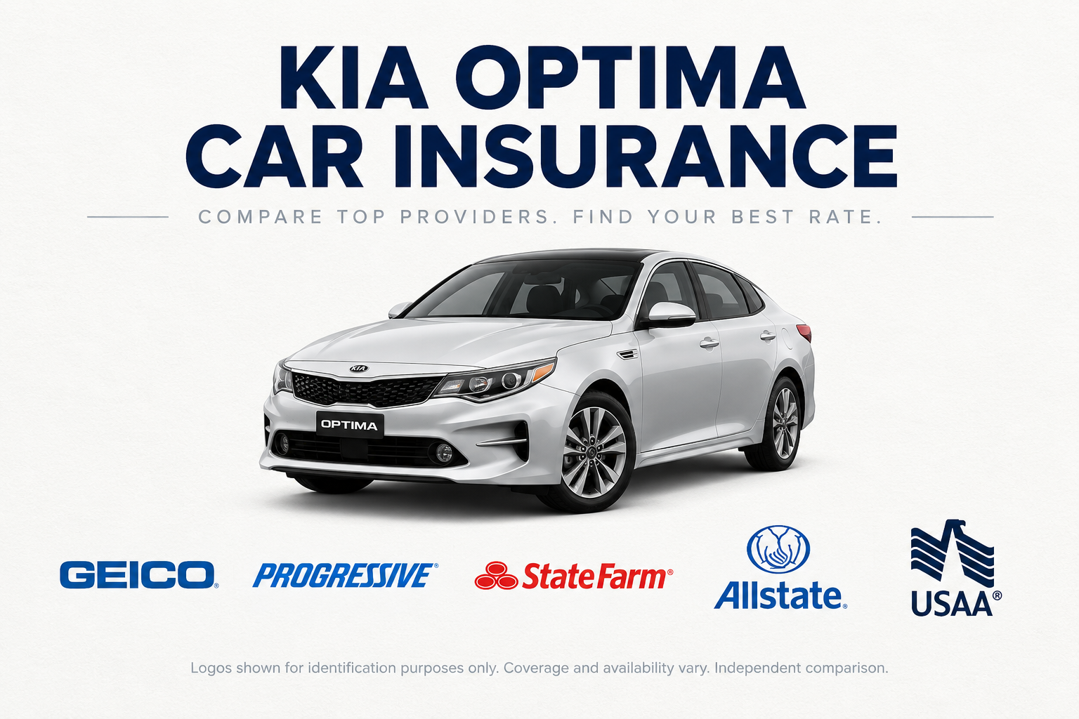 Silver Kia Optima midsize sedan above insurance company logos under the heading Kia Optima Car Insurance