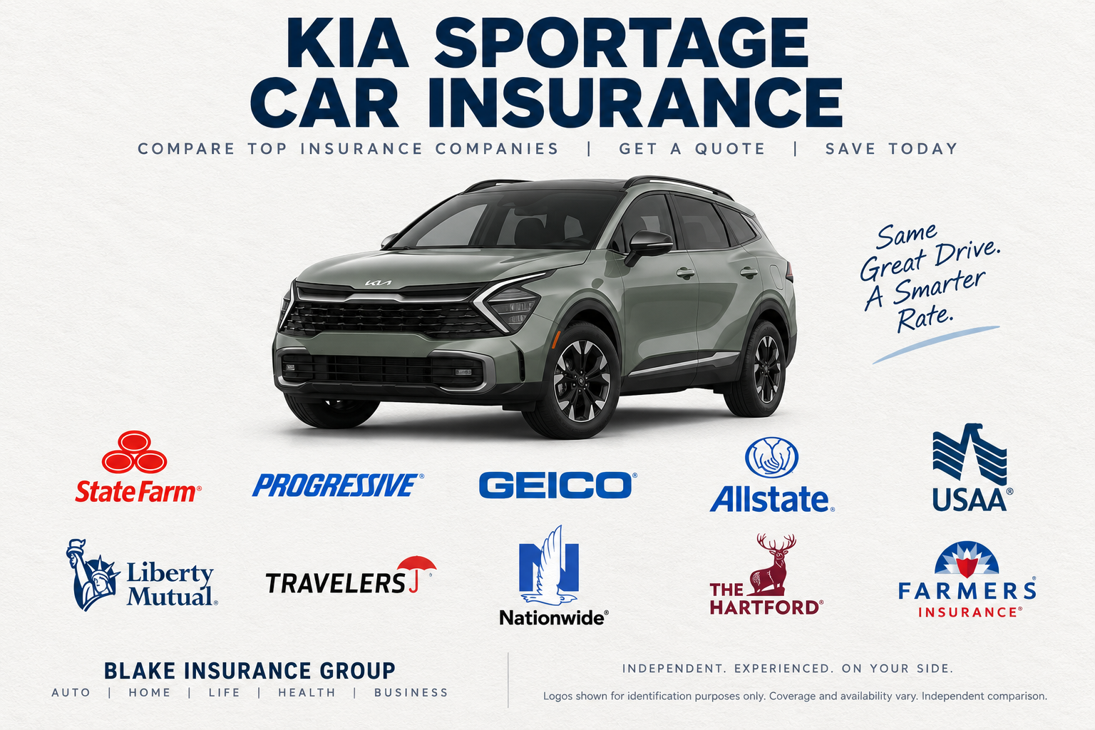 Green Kia Sportage compact SUV with insurance company logos and the message same great drive, a smarter rate