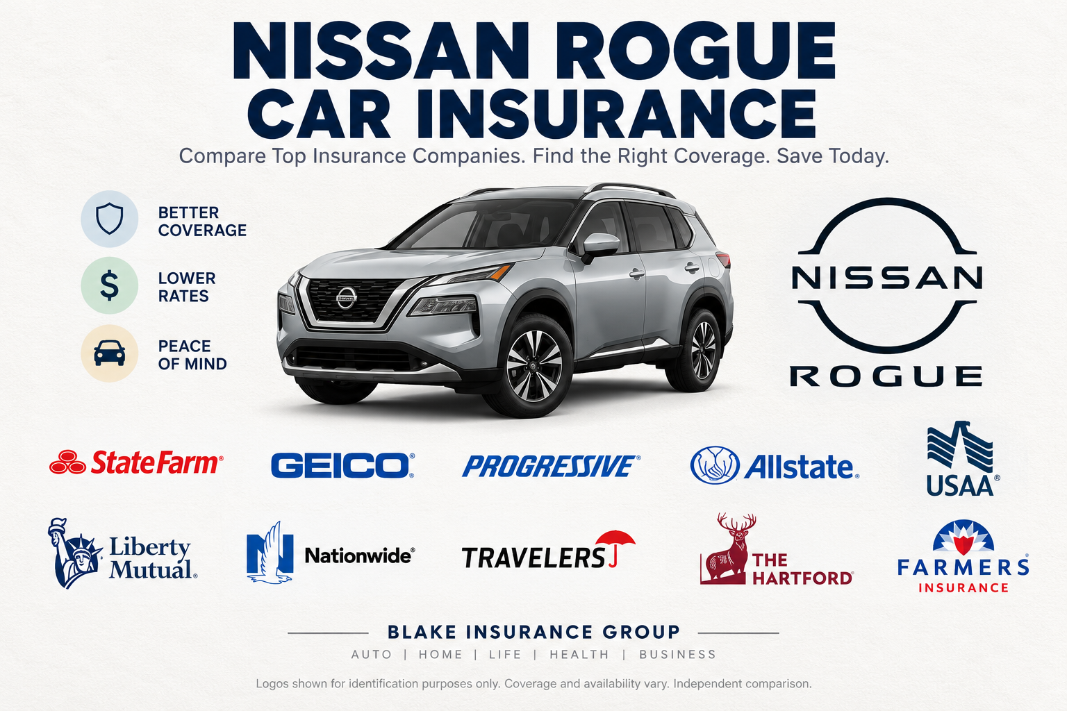 Silver Nissan Rogue compact SUV beside the Nissan Rogue logo with insurance company logos and icons for better coverage, lower rates, and peace of mind