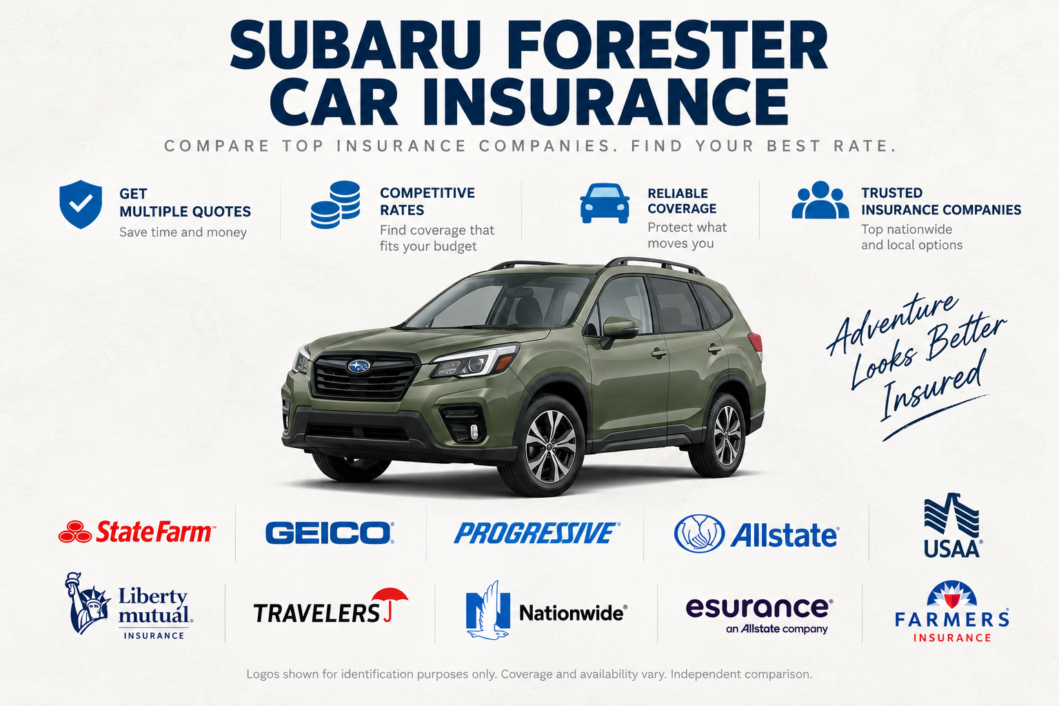 Green Subaru Forester SUV with insurance company logos and icons for multiple quotes, competitive rates, reliable coverage, and trusted insurance companies