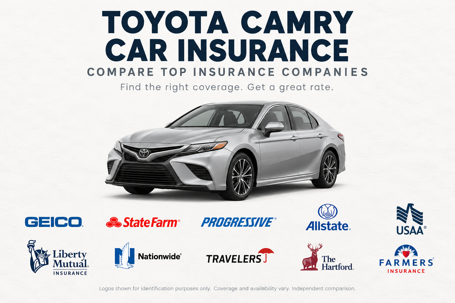 Silver Toyota Camry midsize sedan above insurance company logos under the heading Toyota Camry Car Insurance