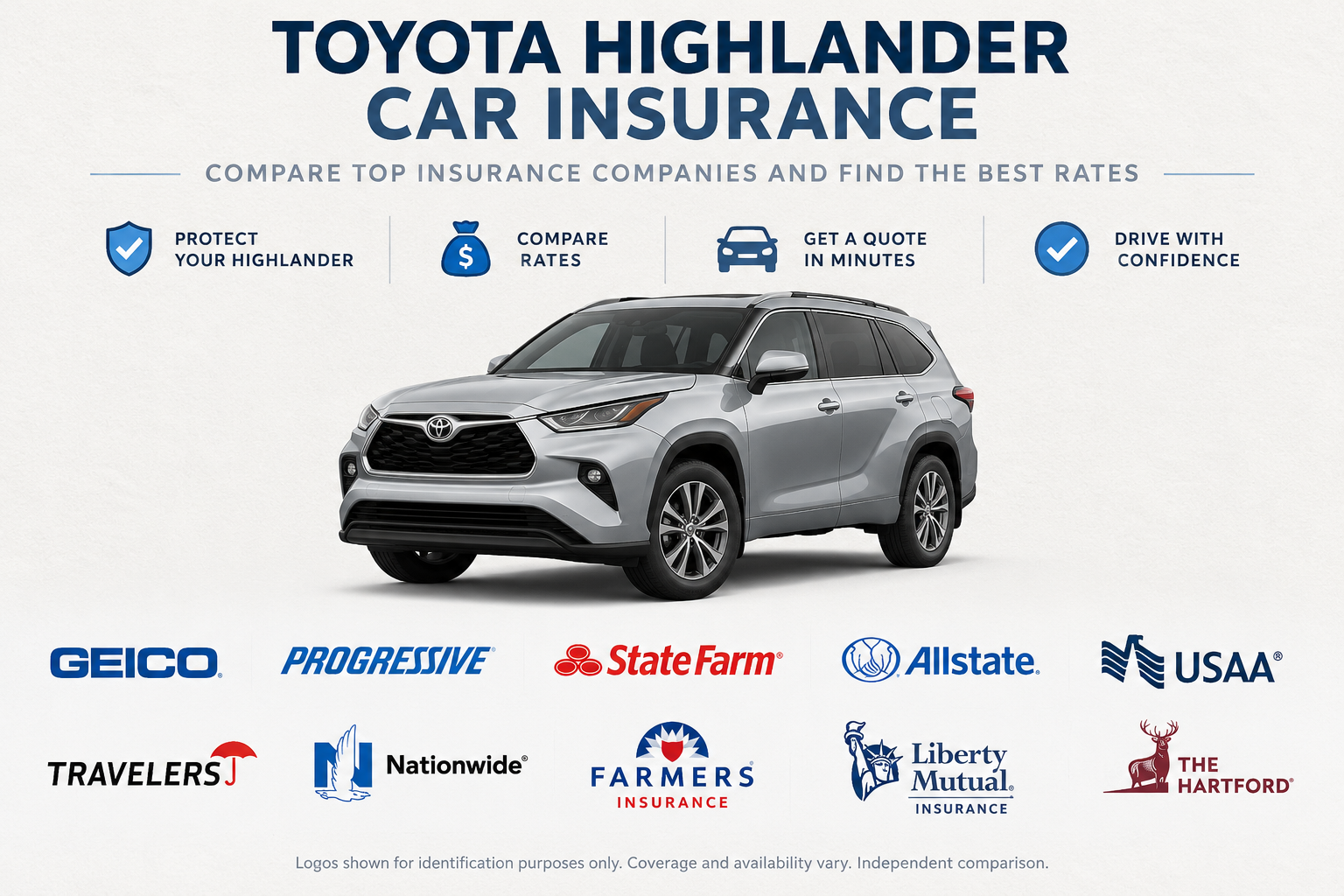 Silver Toyota Highlander three-row SUV with insurance company logos and icons for protecting your Highlander, comparing rates, getting a quote, and driving with confidence