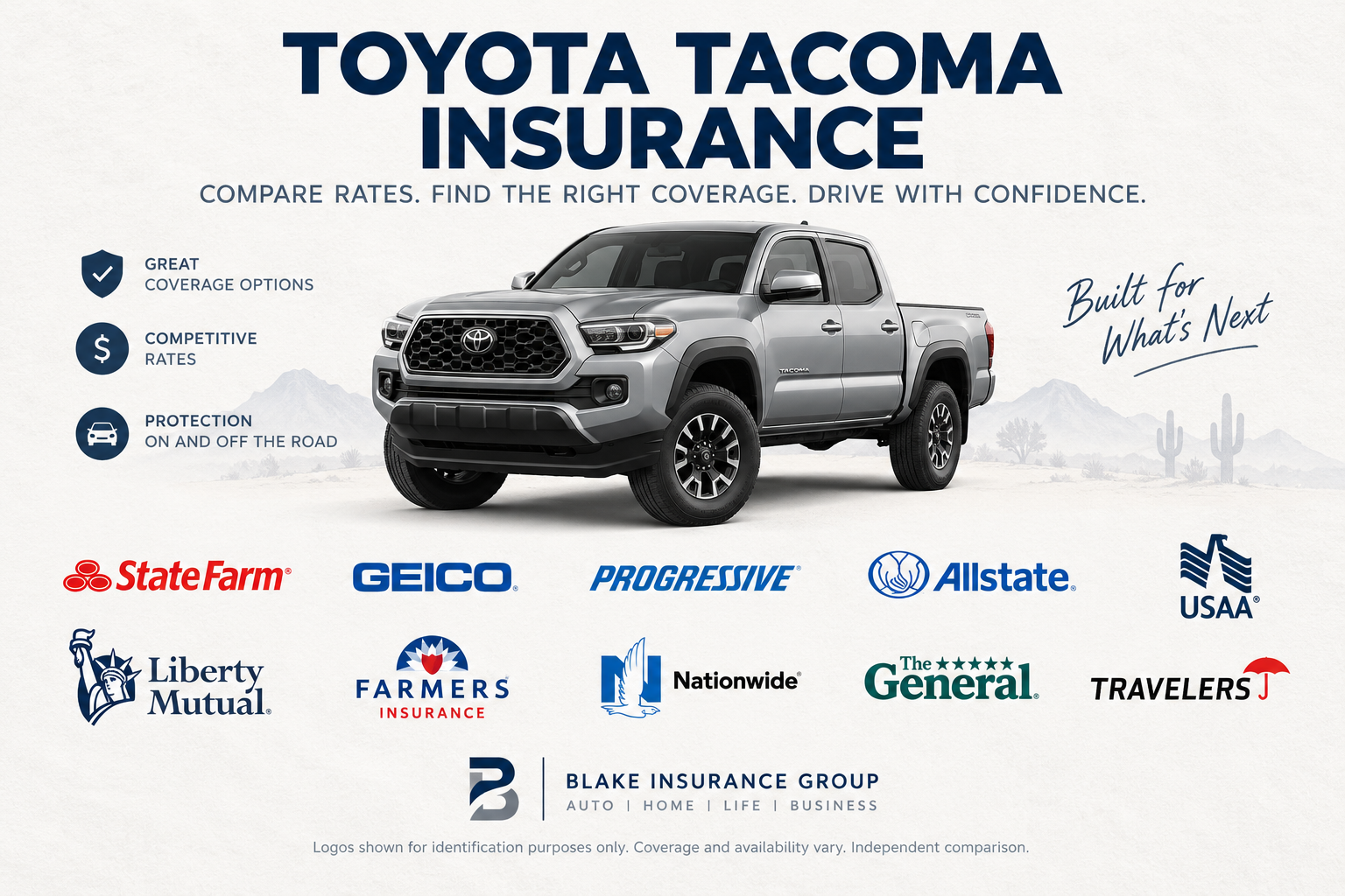 Silver Toyota Tacoma pickup truck in a desert setting with insurance company logos and icons for coverage options, competitive rates, and protection on and off the road